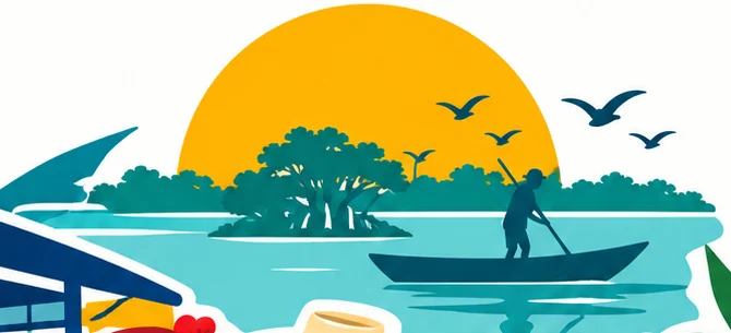 Laguna con manglar y canoa al amanecer, ilustración del logo