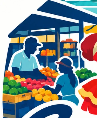 Puesto de mercado con frutas, ilustración del logo